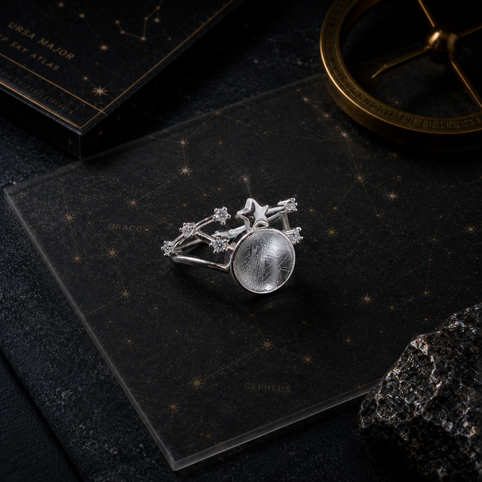 925 Sterling Silver Iron Meteorite Glass Ring with Zircon Star Design, Celestial Orbit Ring for Women, Space Inspired Jewelry Gift