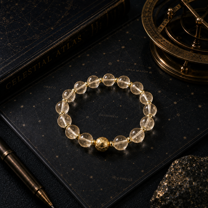 Citrine & Electroplated Iron Meteorite Bracelet for Wealth, Focus and Energy Acceleration, Celestial Beaded Bracelet for Ambition
