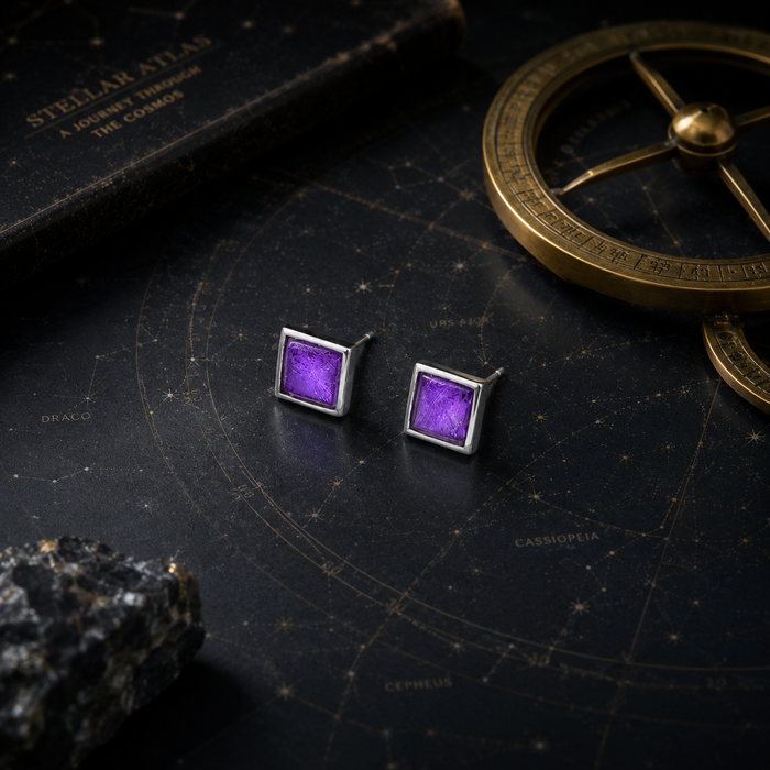 925 Silver Purple Meteorite Glass Stud Earrings, Square Cosmic Texture Earrings with Iron Meteorite Glass Detail, Minimalist Celestial Jewelry for Women
