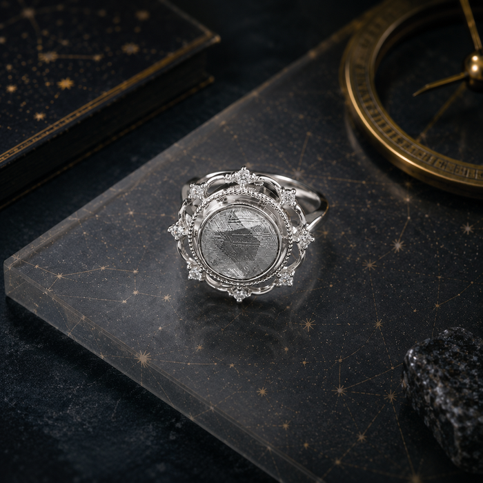 925 Sterling Silver Iron Meteorite Glass Ring with Zircon Star Halo, Space Inspired Statement Ring for Women, Meaningful Celestial Jewelry Gift