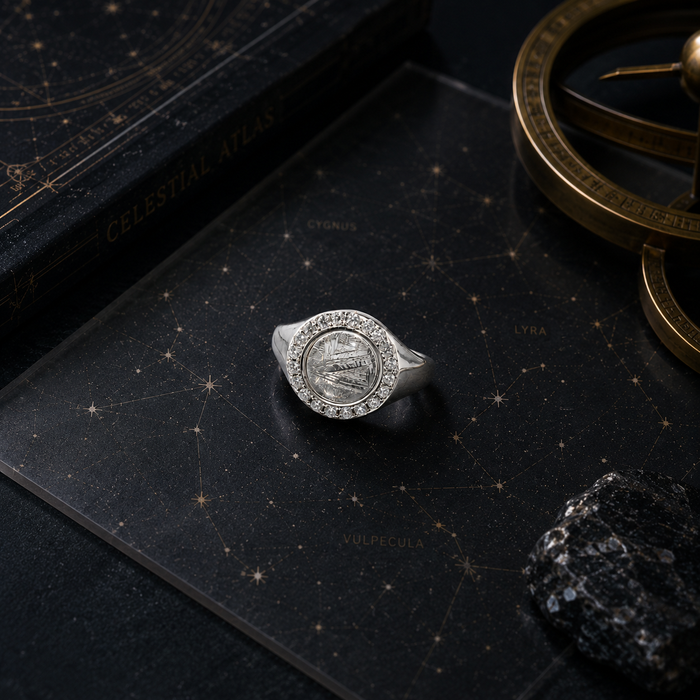 925 Sterling Silver Iron Meteorite Glass Ring with Zircon Halo, Round Space Inspired Statement Ring for Women, Elegant Jewelry Gift