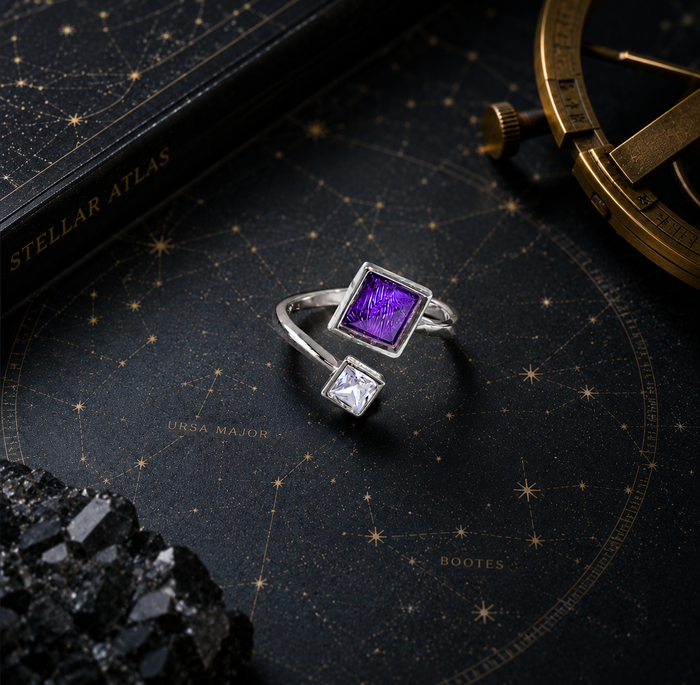925 Sterling Silver Purple Plated Iron Meteorite Glass Ring with Tanzanite, Open Statement Ring for Women, Elegant Cosmic Jewelry Gift