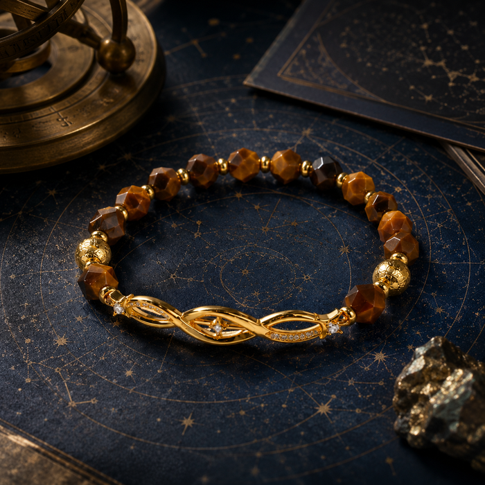 Tiger’s Eye Bracelet with Gold-Plated Copper Infinity Symbol and Moissanite Accents, Electroplated Iron Meteorite Beaded Bracelet for Abundance, Prosperity and Inner Stability