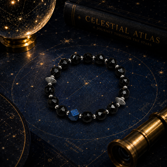 Blue Meteorite & Black Obsidian Beaded Bracelet, Cosmic UFO Inspired Stretch Bracelet for Men Women, Unique Space-Themed Jewelry Gift