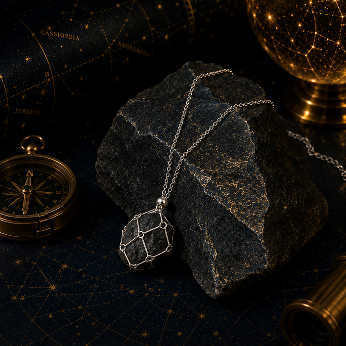 Meteor Impact Glass Necklace, Cosmic Stone Pendant Necklace with Silver Cage Setting, Space Inspired Jewelry Gift for Men and Women