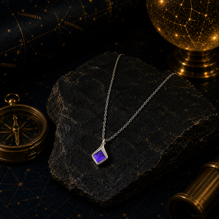 Purple Meteorite Glass Necklace, 925 Sterling Silver Pendant with Iron Meteorite Detail, Elegant Geometric Jewelry Gift for Women