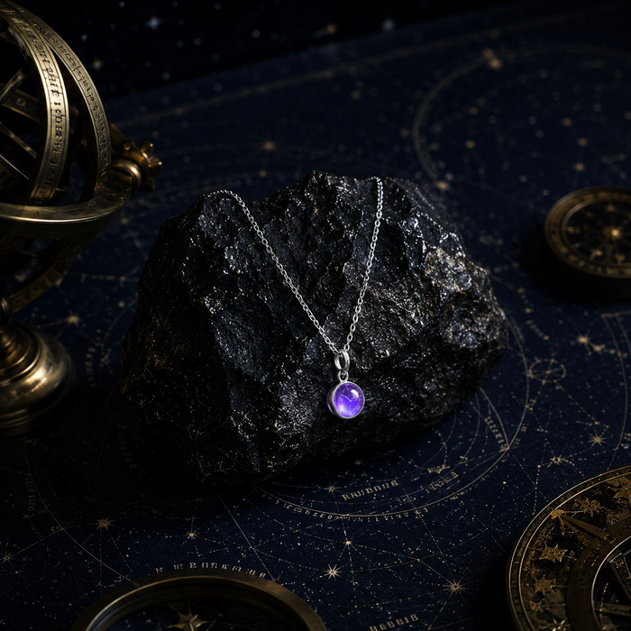 Purple Round Meteorite Glass Necklace, 925 Sterling Silver Pendant with Iron Meteorite Element, Simple Everyday Jewelry for Women