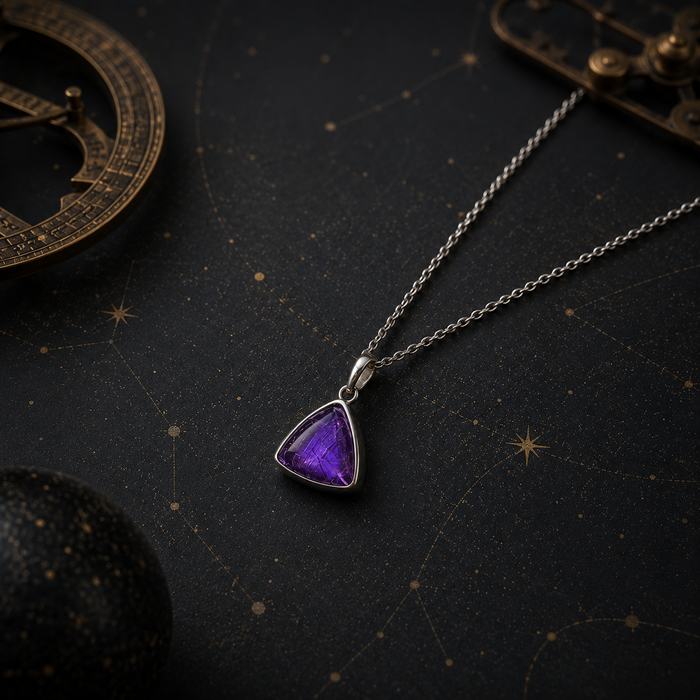 Purple Triangle Meteorite Glass Necklace, 925 Sterling Silver Pendant with Iron Meteorite Detail, Modern Geometric Jewelry Gift