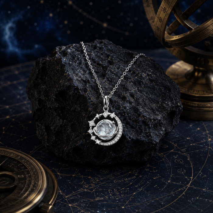 Moon Star Meteorite Glass Necklace, 925 Sterling Silver Pendant with Iron Meteorite and Zircon Accents, Celestial Jewelry Gift for Women