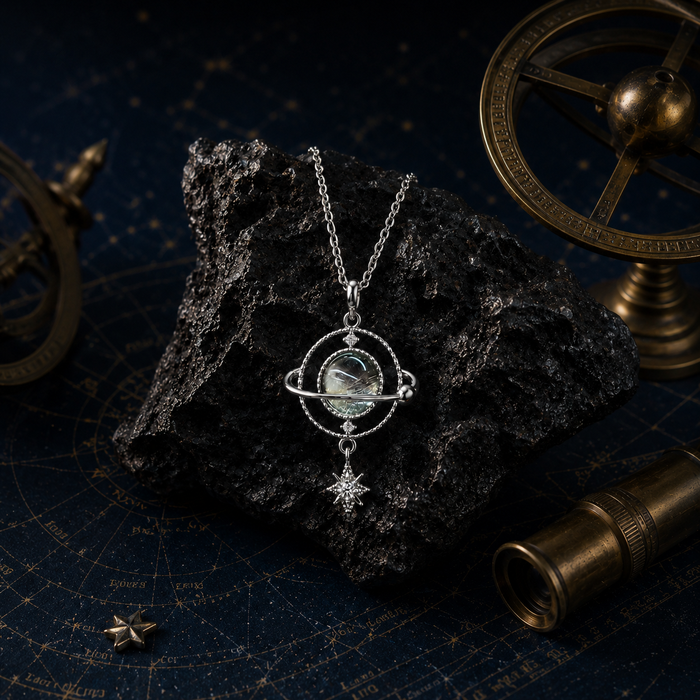 Planet Orbit Meteorite Glass Necklace, 925 Sterling Silver Orbit Pendant with Iron Meteorite and Zircon Detail, Space Inspired Jewelry
