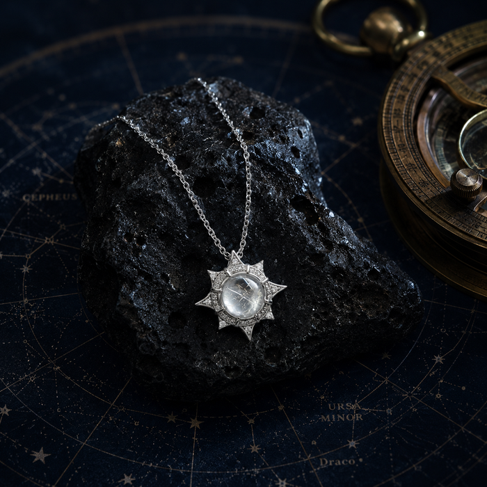 Starburst Meteorite Glass Necklace, 925 Sterling Silver Star Pendant with Iron Meteorite and Zircon Accents, Elegant Gift for Women