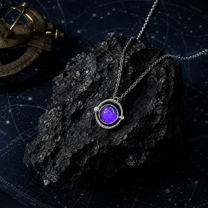 Purple Planet Meteorite Glass Necklace, 925 Sterling Silver Pendant with Iron Meteorite, Meteorite Glass and Zircon, Celestial Round Jewelry Gift for Women