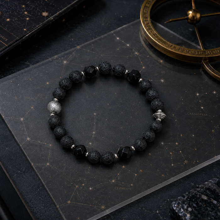 Stainless Steel UFO Bracelet, Iron Meteorite Black Agate and Lava Stone Beaded Bracelet, Space Inspired Energy Symbol Jewelry for Men and Women